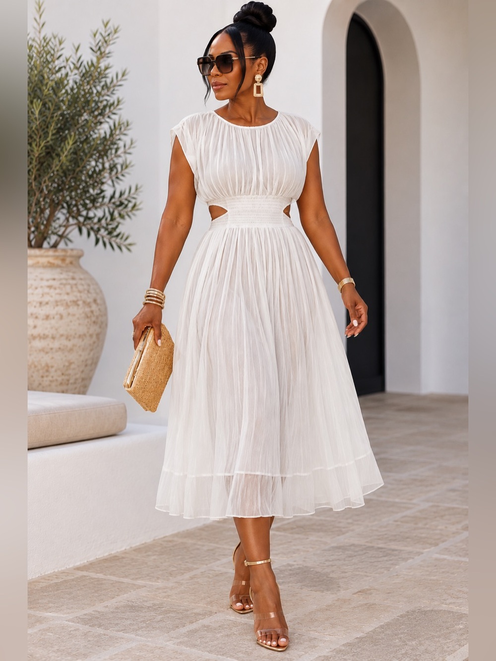 Zara White Pleated Midi Dress with Cutout “Viral/Blogger Fav”